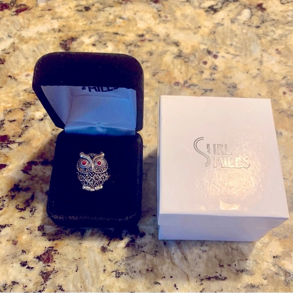 New Sterling Silver Owl Ring with marcasite, red enamel eyes, Size 6 - Picture 3 of 7